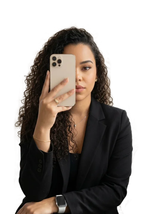 Criadora de conteúdo usando o app Storymuse no celular